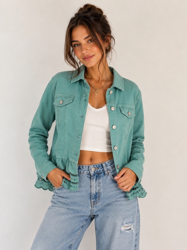 Susan Graver Peplum Denim Jacket Eyelet Hem L Teal